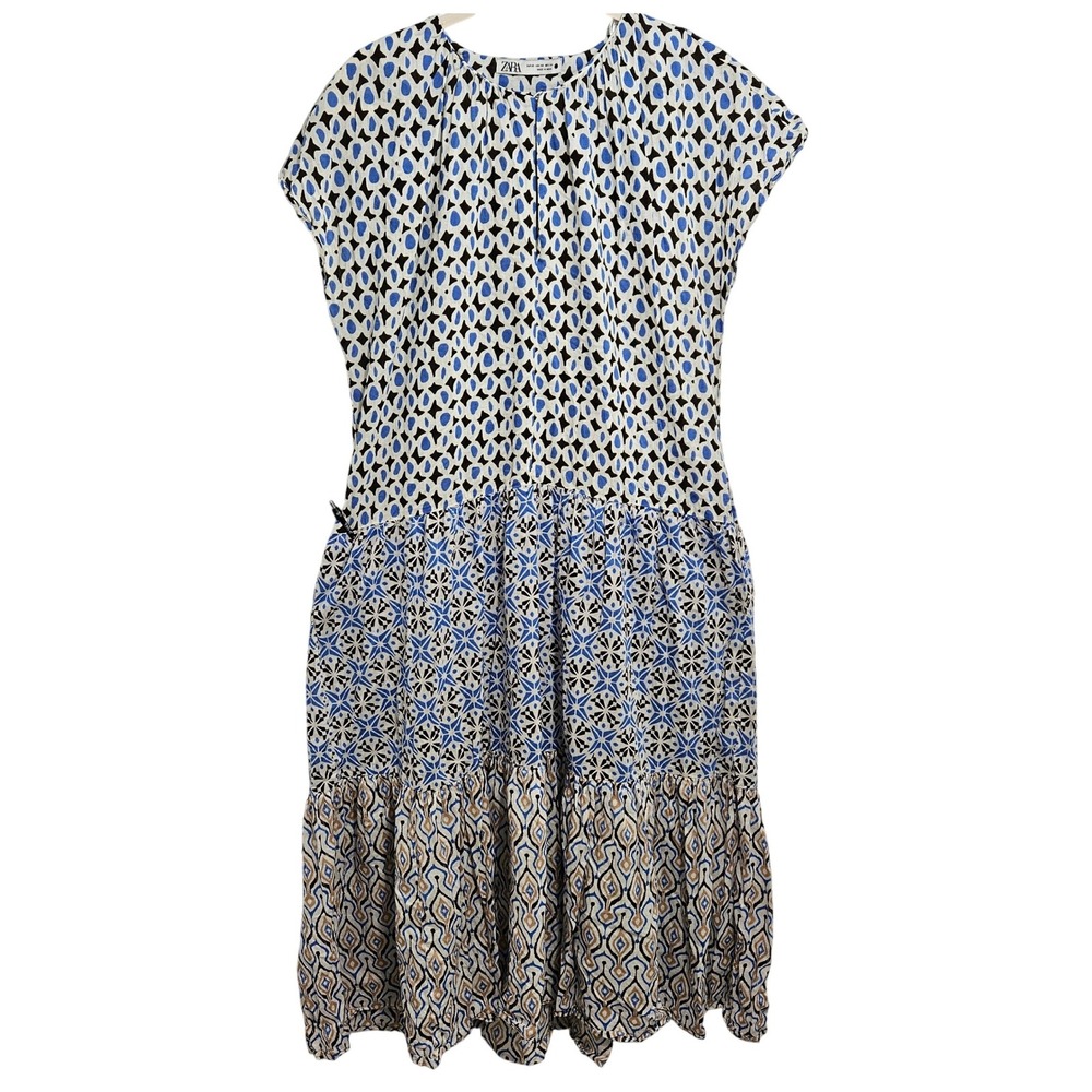 Zara Cotton Gauze Midi Dress Boho Tiered Flowy Multicolor XS